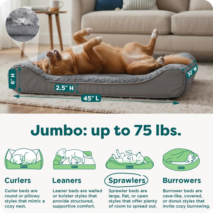 Ортопедичне ліжко для собак Furhaven, Jumbo/XL, сірий, 114 x 76 x 15 см. Знімний, пральний чохол, ультрам'яке штучне хутро та велюр. Для собак до 34 кг.
