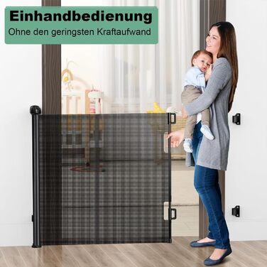Захист для сходів з замком, висувний захист для дітей та собак, 150 см ширина, 83 см висота, автоматична засувка, чорний (140 см, без свердління)