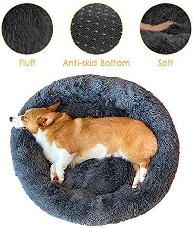 М'яке ліжко для собак та котів великих та екстра-великих порід, круглої форми, плюшеве, біле, діаметр 100 см, темно-сіре