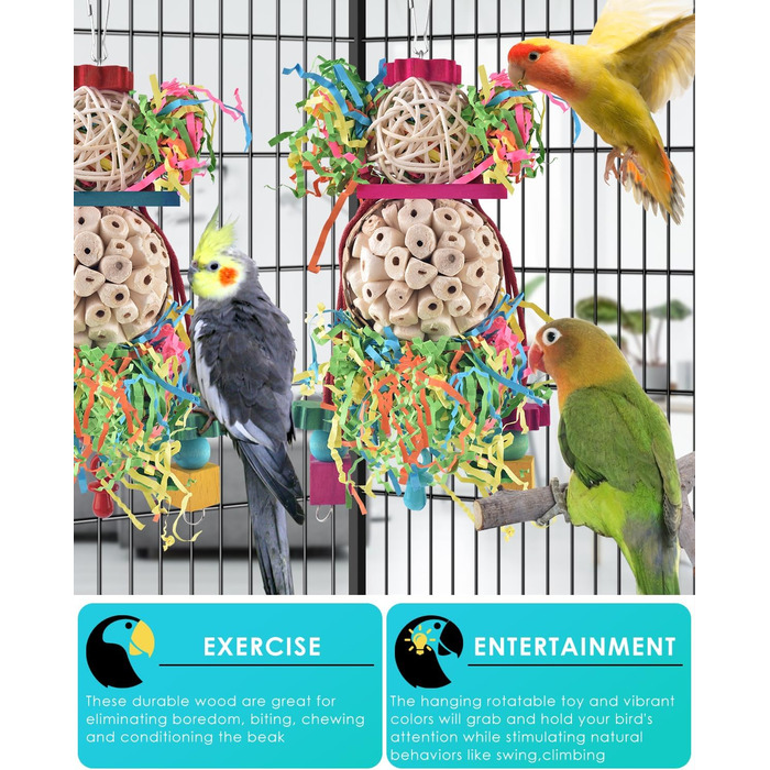 Іграшки для папуг Bissap Conure, 2 шт, підвісні, для пошуку корму, з дзвіночком і сола-м'ячами, для хвилястих папуг, нерозлучників, корел, іграшки для клітки