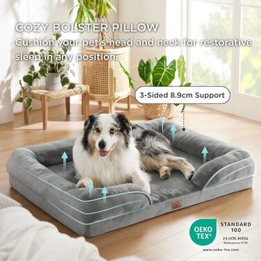 Ортопедичне ліжко для собак BEDSURE 106x80 см, ергономічний диван для великих собак, з яєчним поролоном, сірий, знімний чохол, антиковзке, пране