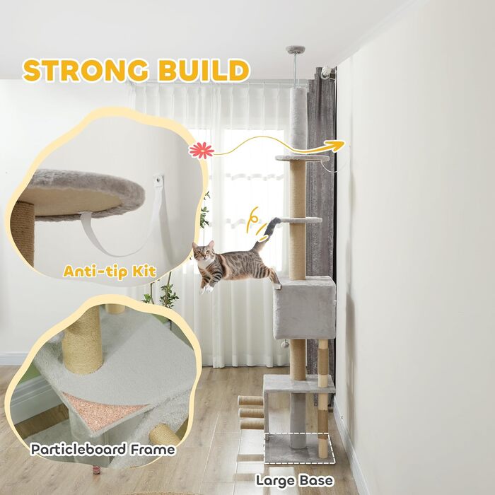 Кігтеточка PawHut Boden bis zur Decke для котів, 225-265 см, з регульованою висотою та платформами, сіра