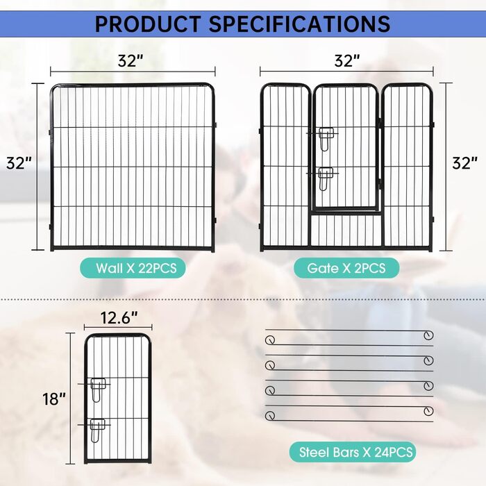 Металеве вольєр для собак BestPet з дверима, 32 панелі, для великих, середніх та малих собак. Розміри: 61x81,3x101,6 см