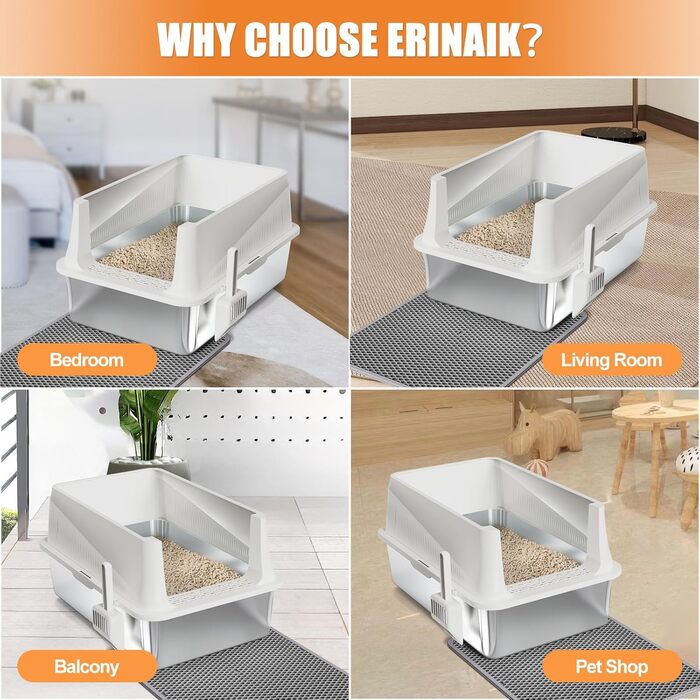 Квітковий горщик Erinaik для котів, нержавіюча сталь, з кришкою, XL, великий, для великих котів, металева, високі бортики (білий)