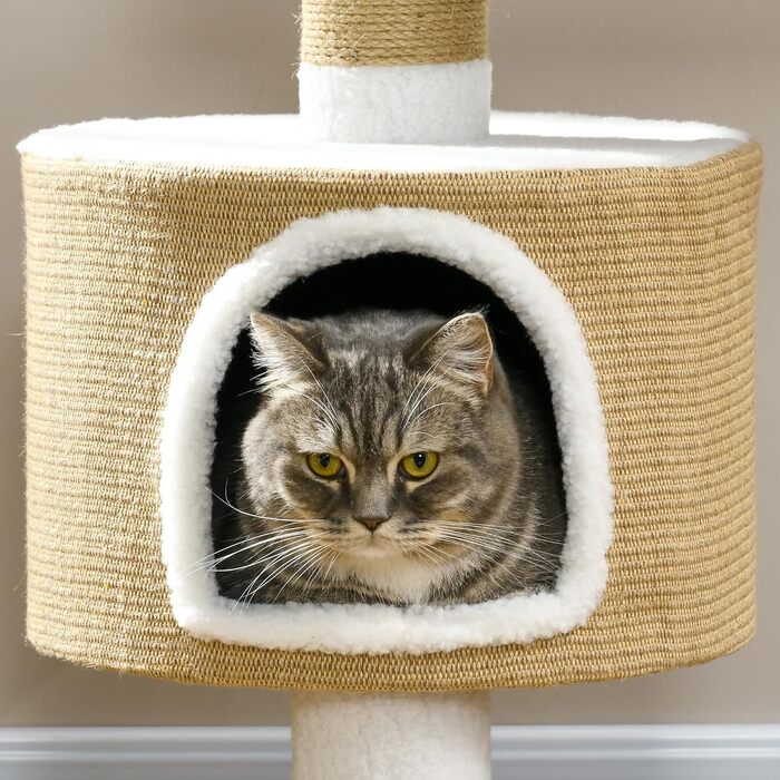 Дерев'яний кігтеточка PawHut для котів з будиночком, лежаком та кріпленням з джуту, до 8 кг, коричнево-білий, імітація кашеміру