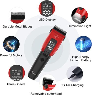 Професійна машинка для стрижки собак Hatteker: електрична, бездротова, з підсвічуванням, 7500 RPM