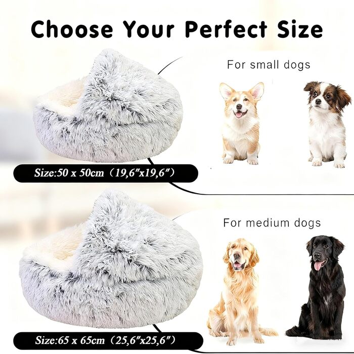 М'яке ліжко для домашніх тварин: ліжко для котів та собак, плюшеве, тепле, з капюшоном, антиковзаюче, сіре (65 см Ø)