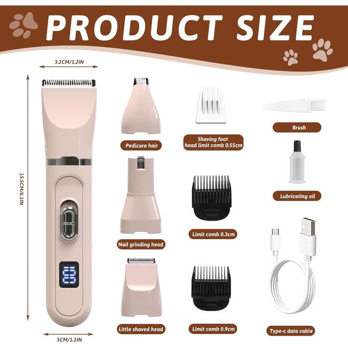 Машинка для стрижки собак, триммер для лап, шліфувальник лап для собак, триммер для лап собак з LED, машинка для стрижки шерсті собак та котів, для тіла (білий, рожевий)