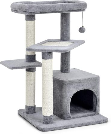 Дряпак для котів COSTWAY, 85 см, з будиночком, м'яким сидінням, м'ячиком та сизалевими стовпчиками, сірий