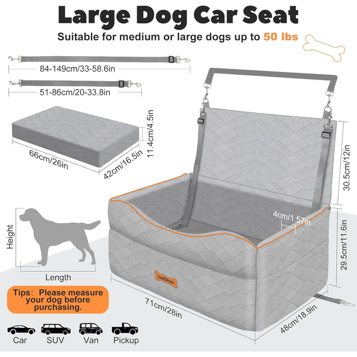 Автокрісло для собак VavoPaw: для собак до 25 кг, з м'яким сидінням та страхувальним ременем, сіре