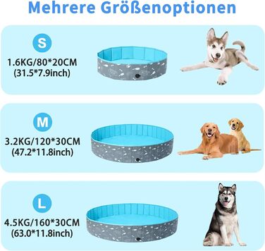 Надувний басейн для собак великих та маленьких порід, 80/120/160 см, складаний, портативний, екологічний PVC, форма кістки, розмір 160x30 см