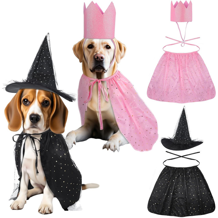 Костюм відьми на Хелловін для котів та собак, комплект з 4 частин: шапка, накидка, корона та аксесуари