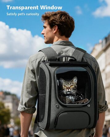 Pecute Рюкзак-переноска для кота з віконцем-сіткою, дихаючий та легкий рюкзак для тварин, великий (32 x 26 x 42 см, сірий, розширюваний)