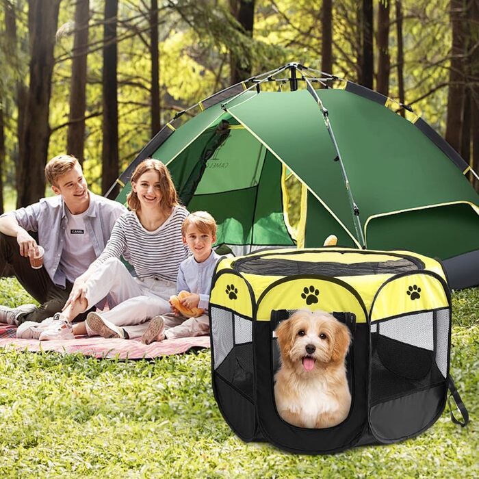 Клітка-забіг для цуценят та тварин, 74x74x43 см. Клітка-вольєр для собак, котів, кроликів та дрібних тварин для використання в приміщенні та на вулиці (жовта, восьмикутна)