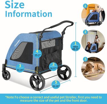 Візок для собак EchoSmile, середній та великий розмір, до 70 кг, складаний, з сітковими вікнами, регульована ручка, 4 проходимі колеса (блакитний)
