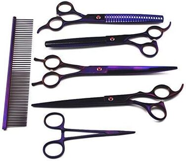 Набір професійних ножиць для грумінгу собак та котів (4 шт.): прямі, зігнуті, для стрижки та фінальної обробки. Виготовлені з нержавіючої сталі.
