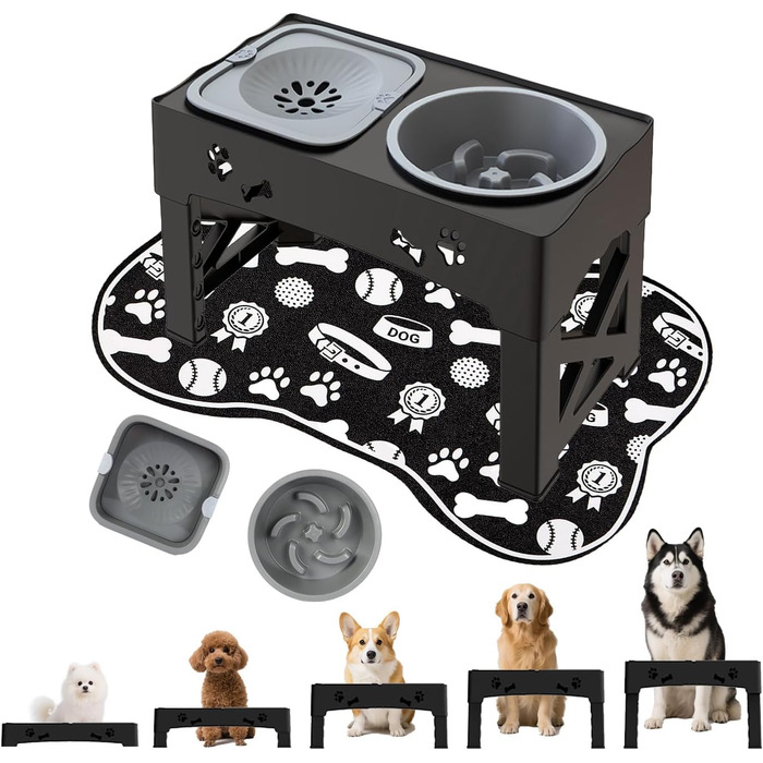 Набір мисок для собак та котів 3-в-1 з регулюванням висоти, антиковзною підкладкою та захистом від розливання, 2 шт. по 1000 мл, нержавіюча сталь, для собак та котів всіх розмірів