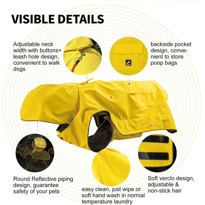 Жовтий дощовик для собак не стягується, м'який, з відбиваючими елементами, регульований, легко одягається, отвір для повідка, S-XXXXXL, XXL