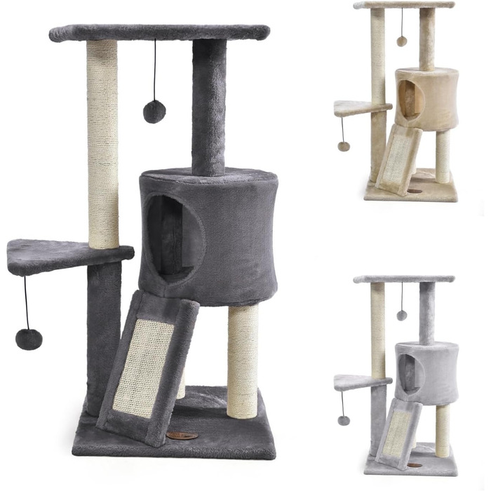 Дряпак для котів PATAM з сизалю, котяча печера та пандус, посилена основа, легка збірка – висота 83,5 см, іграшки Бежевий (Темно-сірий)
