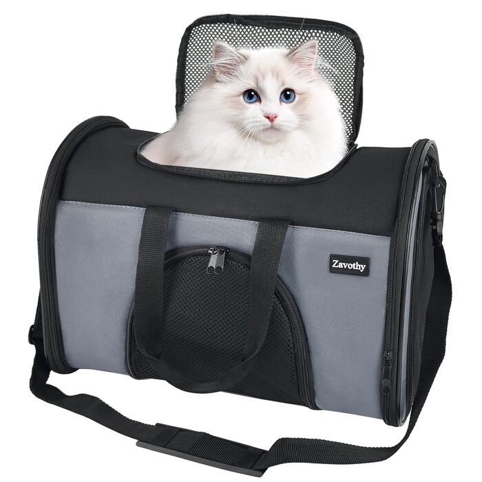 Транспортна сумка для котів та собак, дихаюча та складна, переноска для котів з регульованим плечовим ременем, знімна плюшева підстилка (Сірий, S)