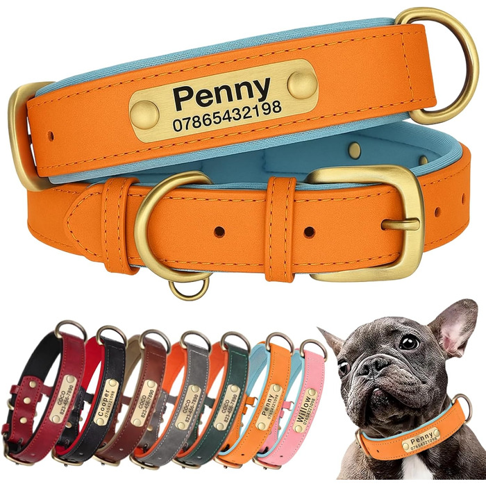 Нашийник та поводок для собак, шкіряний, персоналізований, м'який, з міцним нашийником та індивідуальною табличкою, регульований (M, верблюжий, комплект (S:Neck 23-32cm, Width 1.5cm, помаранчевий та блакитний))