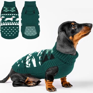 Пуловер для собак Лелепет для такс, в'язаний пуловер з принтом такси, теплий пуловер для маленьких собак, роллекрим, зимовий пуловер, зелений, розмір S