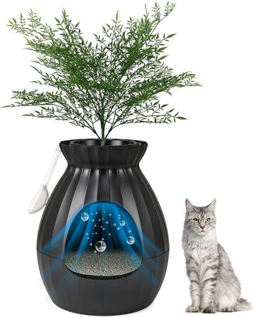 Електричний лоток для котів FANTASK, 50x50x59 см, з системою видалення запаху, стилізований під квітковий горщик з штучною рослиною та камінням, чорний котячий туалет