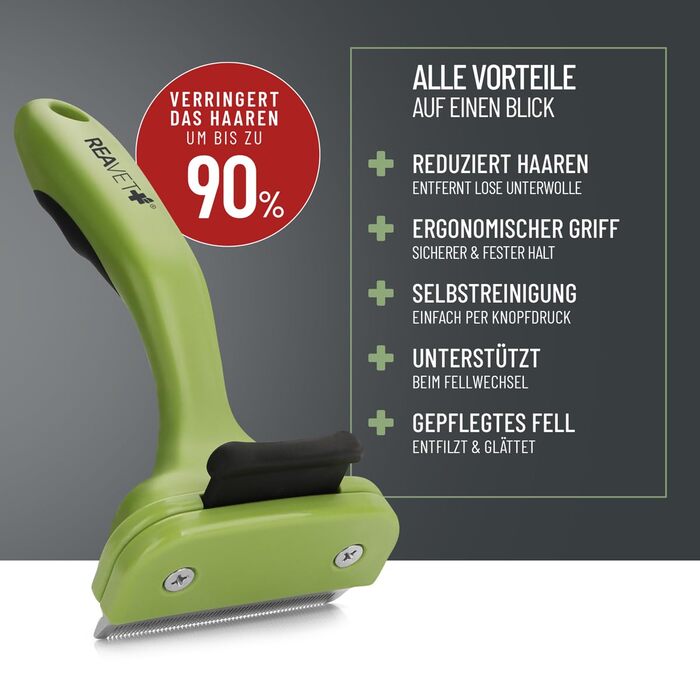 Гребінець для видалення підшерстя ReaVET для собак та котів з коротким хутром | Середні породи | З кнопкою самоочищення | Ідеально для сезонного линяння