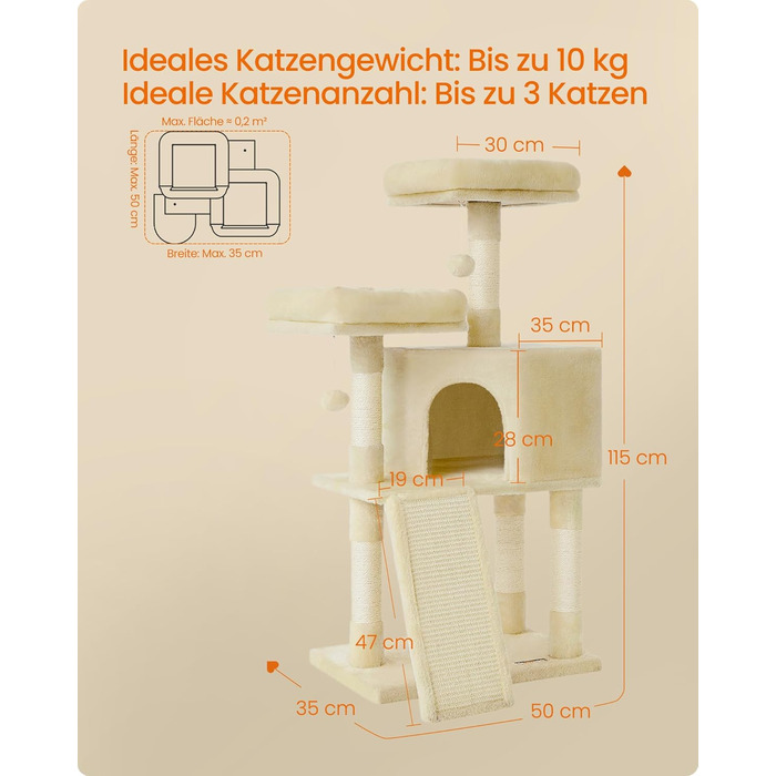 Дряпка для котів Feandrea, 115 см, кремово-білий колір, з дряпальною дошкою (50 x 35 x 115 см)