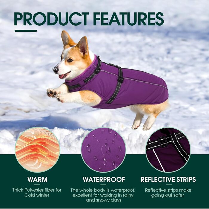 Водонепроникний теплий зимовий пуховик для собак середніх порід Kuoser з нашийником - теплий флісовий пуховик-пуловер для собак M (3XL, 108x68 см), фіолетовий