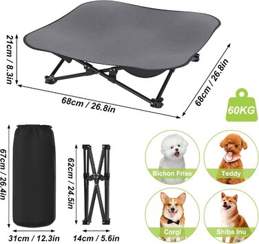 Крісло-ліжко для собак та котів 68x68x21 см, складне, підняте, з дихаючого поліестеру, для дому та саду
