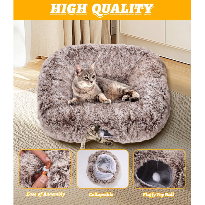 Туннель для котів Vuxava XXL сірий – іграшка та котяча печера з м'якою лежанкою, 100×82 см, 180 см, 2 входи, можна прати та розбирати