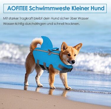 Жилет для плавання для собак AOFITEE з плавниками акули, регульований, з ручкою рятування, світловідбиваючий, синій, для малих та середніх собак
