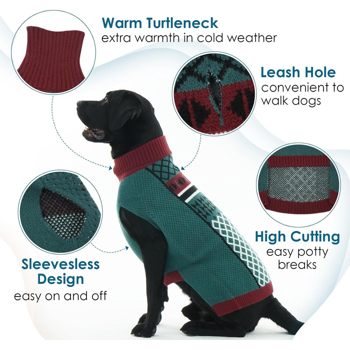 Пуловер для собак Katzinst з коміром-стійкою, зелений, 3XL - 5XL. Теплий та легкий безрукавний пуловер для великих собак з отвором для повідка.
