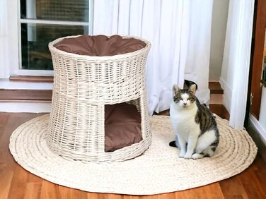 Кігтеточка-будиночок для котів: двоярусне ліжко з плетіння з лози, діаметр 50 см, з подушкою, білий колір