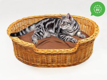 Плетене ліжко для собак та котів з ротангу, розмір 43x28x10/14 см, з подушкою 75x54x21 см (колір коричневий)