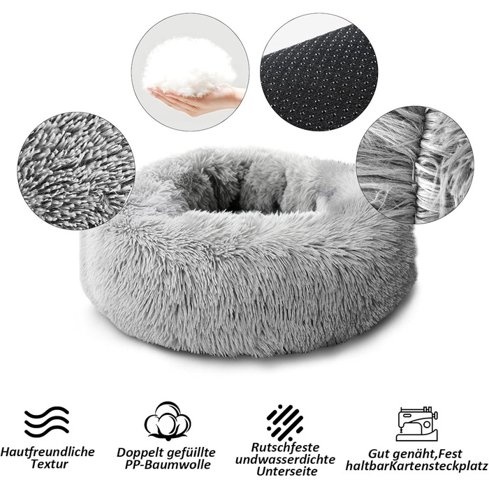 Кругле ліжко для собак та котів Caliyo, середнього розміру, 70 см, сірий колір, м'яке, миється, підходить для сушки