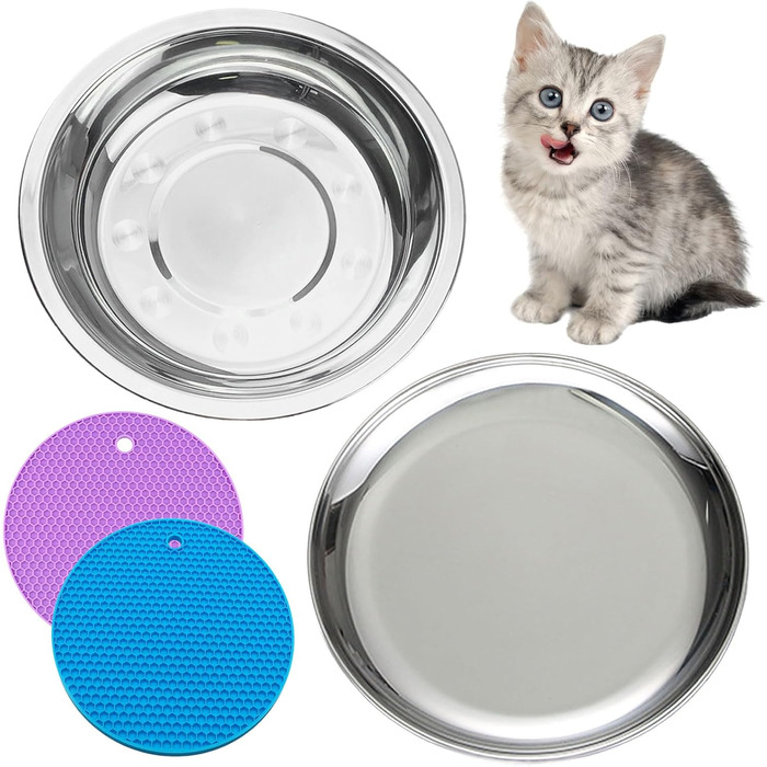 Миски для котів зі нержавіючої сталі - для полегшення вусів, втоми, годівниці для котів з нековзними килимками (2 шт, великі) 2 шт (миска + тарілка, 6 дюймів)