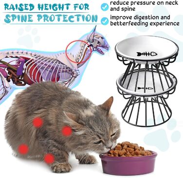 Набір мисок для котів Roshtia з кераміки на металевому підставці, 4 шт. (Чорний, візерунок 