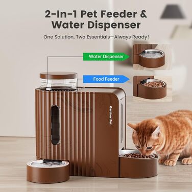 Автоматичний годівниця для котів та собак Gardner з 2 мисками, без електроенергії, з нержавіючої сталі, BPA Free, 3L*2, темне дерево