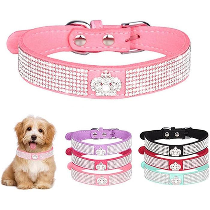 Рожевий ошийник для собак і котів з короною та стразами, блискучий, для цуценят та дрібних тварин, XXS, XS, середні розміри