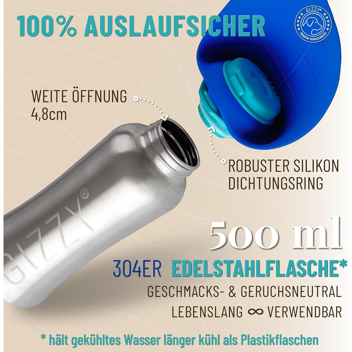 Гіззі® Поїлка для собак - пляшка для прогулянок, не протікає, з нержавіючої сталі, 2 розміри + м'яке рушник для собак | Поїлка для собак, 500 мл, блакитний океан