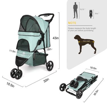 Дитяча коляска для тварин, складана, для котів/собак, з кошиком для зберігання та тримачем для напоїв, 3 колеса, для собак та котів, для маленьких або середніх собак, котів, цуценят (Блакитно-зелений)