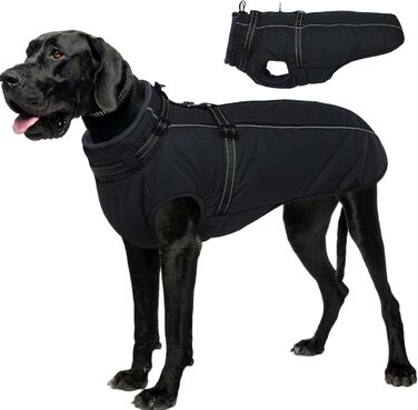 Лелепет XXXL Теплий зимовий одяг для собак - Куртка з інтегрованим шлейкою, водонепроникна флісова куртка, відбиваючий, регульований, для догів, чорний