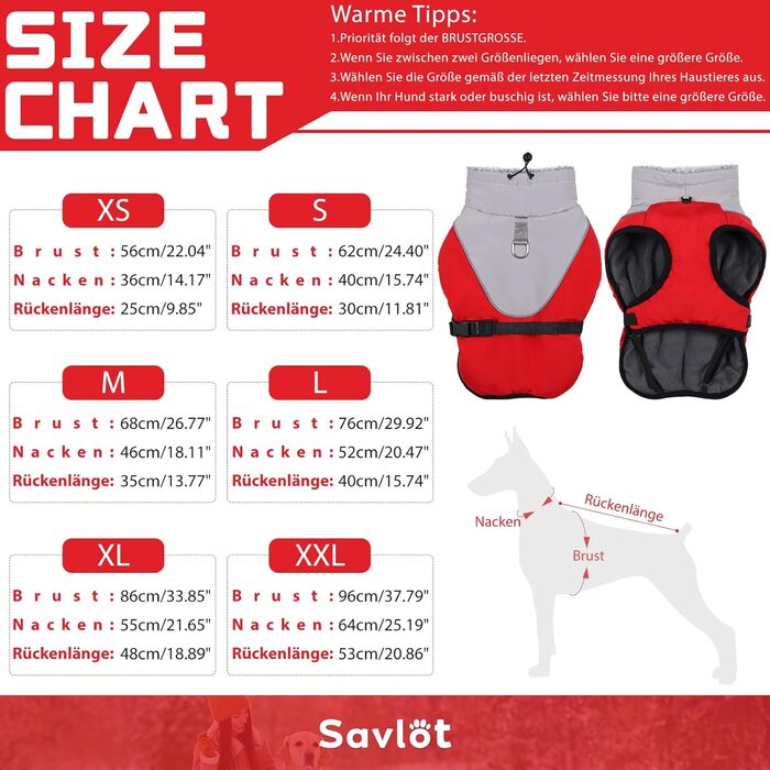 Теплий зимовий одяг для собак Savlot: водонепроникна куртка з флісовою жилеткою та регульованою блискавкою, червона (L)