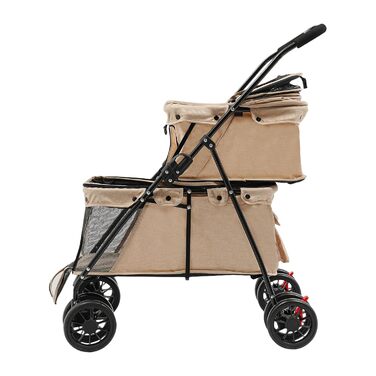 Двоповерховий візок для собак, розкладний візок для котів з ременями безпеки, гальмами, вантажопідйомність 15 кг на кожному поверсі, для собак та котів середніх та маленьких порід, візок для собак (колір хакі)