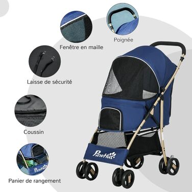 PawHut Buggy для собак, візок для тварин, складаний, з кошиком та гальмами, 80x44.5x97 см, темно-синій