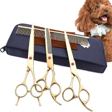 Набір професійних ножиць для грумінгу собак (7 шт.) | З нержавіючої сталі | Ножиці для догляду за тваринами [Золотий]