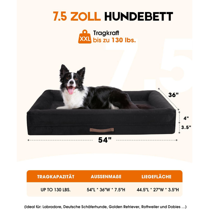 Ортопедичне ліжко для собак XXL, кошик для собак, що можна прати, з яєцеподібною піною, водовідштовхуване диван для собак з неслизьким дном та чотиристоронньою подушкою (Чорний, 137x91x19см)