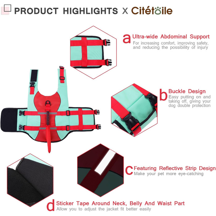 Спасальний жилет для собак у вигляді акули, XL (2XL), червоно-зелений. Безпечний та легкий жилет для водних розваг з ручкою та світловідбиваючими елементами для собак маленьких, середніх та великих порід.